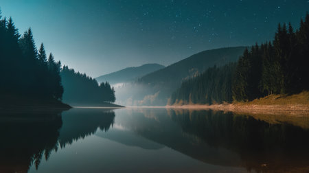 A picturesque view of a tranquil lake reflecting the night sky filled with stars, surrounded by misty mountains and lush pine forests.の素材