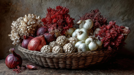 A captivating still life composition featuring a variety of fresh onions and ornamental plants arranged in a woven basket on a rustic wooden surface.の素材