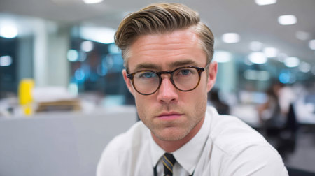 A focused young male professional wearing glasses sits in a modern office environment, engaged in studying a document at his desk.の素材