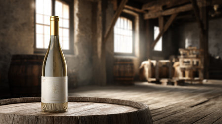 A beautifully crafted white wine bottle stands elegantly on a wooden barrel in a rustic winery. The warm, natural light enhances the inviting atmosphere, perfect for showcasing the art of winemaking.の素材