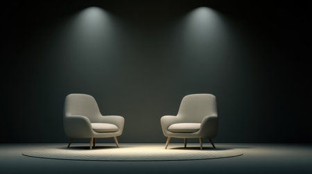 Cozy interior featuring two modern lounge chairs dramatically lit to create an inviting atmosphere, perfect for relaxation and style.の素材