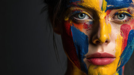 A striking portrait of a model with vibrant face paint, showcasing artistic expression and modern beauty through bold colors and close-up photography.の素材