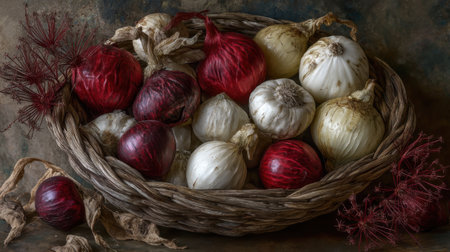 Experience a captivating arrangement of red and white onions in a rustic basket, showcasing natural textures and earthy tones perfect for culinary inspiration.の素材