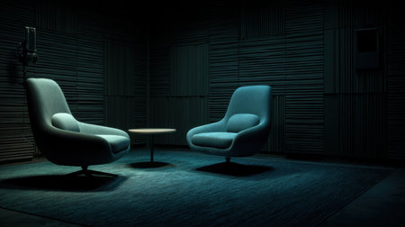 This image showcases a cozy modern seating area featuring two elegant chairs and a round table, illuminated softly to create a warm atmosphere.の素材