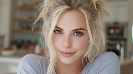 A beautiful young woman with blonde hair and captivating blue eyes poses naturally in a bright, modern kitchen, radiating warmth and joy.の素材
