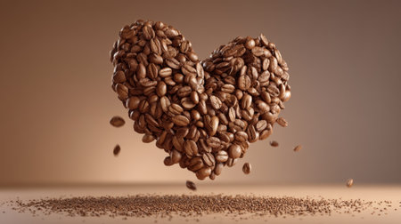 A captivating heart shape composed of roasted coffee beans set against a warm background, symbolizing love and passion for coffee culture and enjoyment.の素材