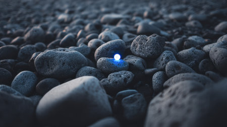 This image showcases a close-up of various stones on a dark beach, highlighting a single blue stone that stands out. The soft light offers a tranquil and calming feel, capturing the natural beauty of the coastal landscape.の素材