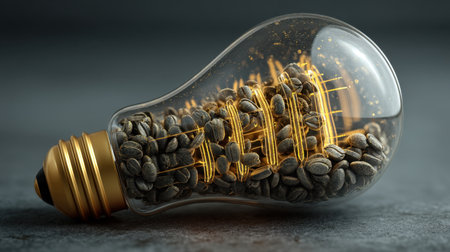This artistic image features a vintage light bulb filled with coffee beans, creating a unique representation of creativity and warmth. Perfect for various artistic and lifestyle projects.の素材