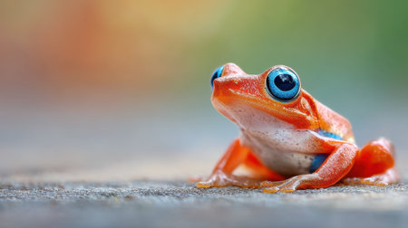 This vibrant close-up captures a colorful frog with striking blue eyes, resting gracefully on wood amidst a softly blurred natural background.の素材