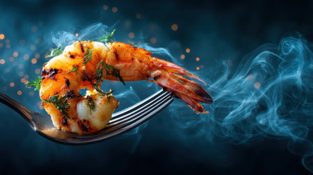 A beautifully presented grilled shrimp resting on a fork, with swirling smoke and glimmering sparkles creating a captivating culinary scene.の素材