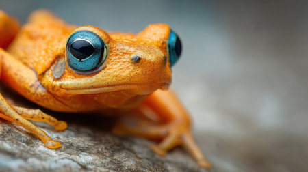A close-up photograph showcasing a vibrant orange frog with striking blue eyes, perched on a textured surface in its natural environment.の素材