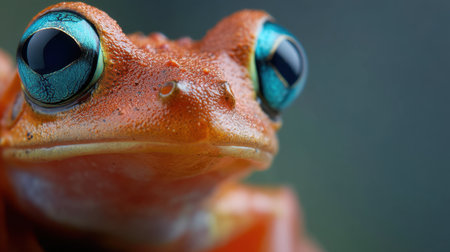 This captivating close-up of a vibrant red frog showcases its striking blue eyes and intricate texture, highlighting the beauty of nature's wildlife.の素材