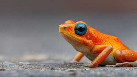 A striking close-up shot of a vibrant orange frog with a unique blue eye, resting on a textured surface in its natural habitat.の素材