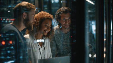 A diverse group of professionals gathers around a laptop in a modern office, sharing ideas and strategies while illuminated by the city skyline.の素材