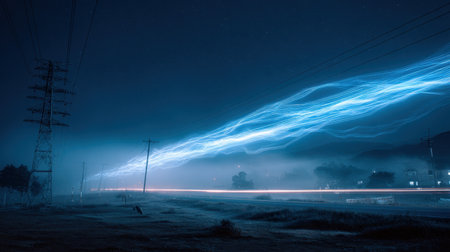 A captivating image showcasing electric blue light trails that cut through a serene landscape at night, creating a dreamlike atmosphere.の素材
