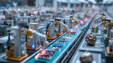 A dynamic view of an advanced robotic assembly line featuring automated arms assembling colorful electronic components in a modern factory setting.の素材