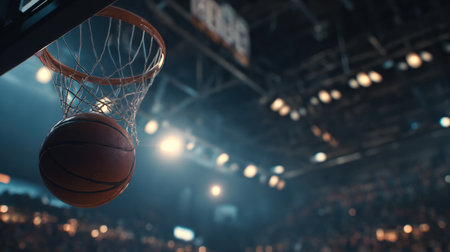A close-up view of a basketball going through a hoop captured during an intense game with fans immersed in the atmosphere.の素材