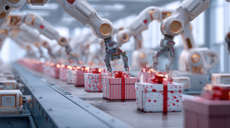 Robots efficiently package gifts on a conveyor belt inside a modern warehouse, showcasing the advanced automation and technology transforming logistics.の素材