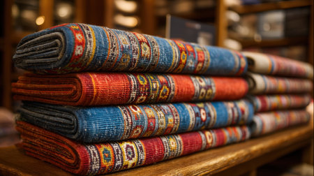 A captivating display of colorful traditional textiles stacked neatly in a cozy storefront, showcasing intricate patterns and vibrant hues.の素材