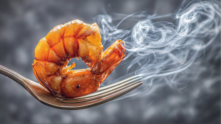 A flavorful grilled shrimp rests on a fork, surrounded by a delicate plume of smoke, creating a dramatic and enticing culinary scene.の素材