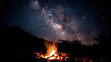 A breathtaking view of the Milky Way stretches across a dark sky, with a warm campfire illuminating the surrounding landscape. This scene captures the essence of outdoor adventure and tranquility under a starry night.の素材