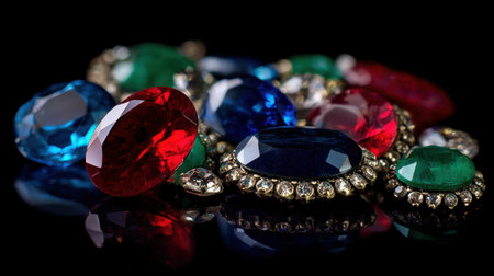 A stunning collection of colorful gemstones displayed elegantly on a dark surface, reflecting light and showcasing vibrant hues. Perfect for jewelry inspiration.の素材