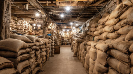 A captivating view of a spacious warehouse showcasing neatly stacked burlap sacks, illuminated by soft lighting and supported by rustic wooden beams.の素材