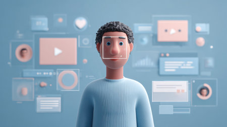 A stylized 3D character illustrates the concept of facial recognition technology, showcased amidst various digital icons and data visualizations in a modern blue setting.の素材