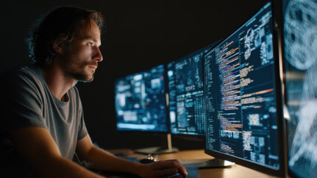 A focused male programmer works late at night, immersed in multiple monitors that showcase intricate coding and data visualizations.の素材