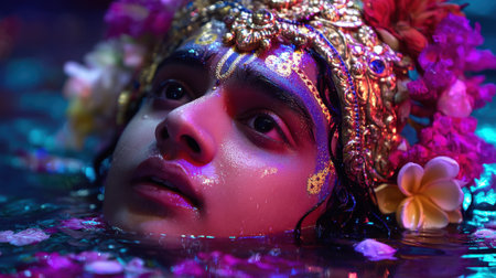 A captivating portrait of a young boy in an ornate costume, surrounded by water and vibrant flowers, radiating tranquility and emotion.の素材