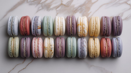 A stunning array of macarons in various vibrant colors and flavors beautifully displayed on a smooth marble surface, perfect for food lovers.の素材