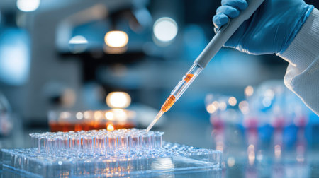 A laboratory researcher carefully uses a pipette to transfer liquid samples into test tubes during a detailed scientific analysis.の素材