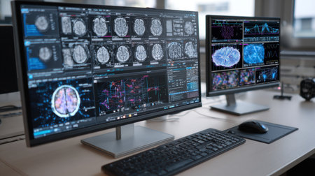 This image showcases advanced medical imaging technology, with two screens displaying brain scans and analytics in a modern research lab environment.の素材