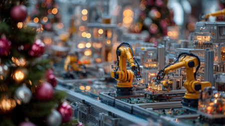 A vibrant assembly line featuring robotic arms surrounded by festive Christmas decorations and warm lights, showcasing modern industrial technology.の素材