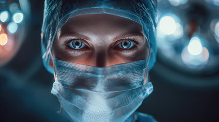 This striking close-up captures a focused surgeon with piercing blue eyes wearing a surgical mask in a bright operating room, emphasizing professionalism and dedication to patient care.の素材