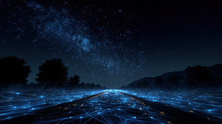 A stunning night scene features a glowing path leading into a vast landscape under a starry sky. The Milky Way shimmers above, enhancing the mystical charm.の素材