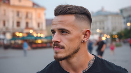 A young man stands outdoors with a stylish haircut, showcasing a thoughtful expression during dusk in an urban setting, surrounded by a vibrant atmosphere.の素材