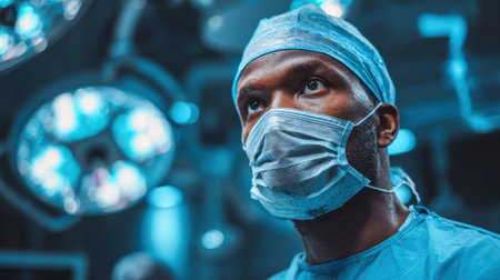 A dedicated surgeon in blue scrubs and a face mask stands in a modern operating room, reflecting focus and readiness before an important surgical procedure.の素材