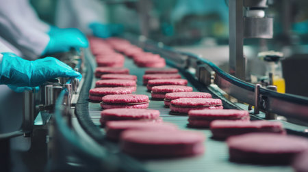A detailed view of the manufacturing process for plant-based patties on a production line, showcasing technology, hygiene, and efficiency.の素材