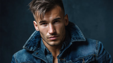 This striking close-up portrait features a young man wearing a denim jacket, showcasing a serious expression against a dark background. The image captures confidence and style.の素材