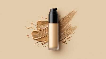 A pristine cosmetic foundation bottle sits gracefully against a creamy backdrop, showcasing elegant liquid swatches and glossy droplets. Perfect for beauty marketing.の素材