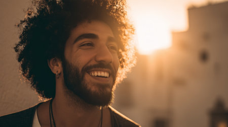 A young man with curly hair smiles broadly as the warm sunset casts a golden glow. His joyful expression captures the essence of happiness and carefree living, perfect for lifestyle and portrait themes.の素材