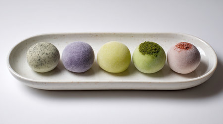 A visually appealing assortment of colorful dessert balls arranged on an elegant white plate, showcasing a variety of flavors and textures perfect for any sweet lover palate.の素材