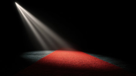 A dramatic spotlight shines down on a vibrant red carpet set against a dark background, creating an elegant and captivating scene ideal for events and celebrations.の素材
