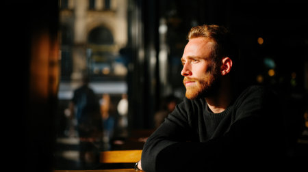 A thoughtful man sits in a cozy cafe, gazing out of the window during golden hour. The warm light creates a serene atmosphere, perfect for reflection.の素材