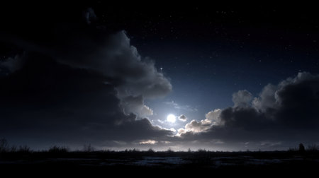 A captivating night sky scene featuring a bright moon surrounded by clouds and twinkling stars, creating an enchanting atmosphere over a tranquil landscape.の素材
