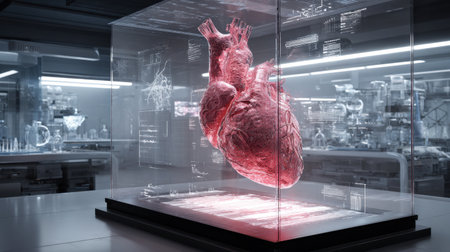 A realistic heart model showcased inside a futuristic laboratory with holographic displays, illustrating advanced medical technology and research.の素材