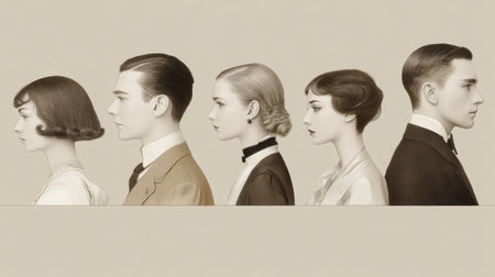 This stunning image features elegant profiles of individuals, highlighting distinctive vintage hairstyles and fashion styles across different eras.の素材
