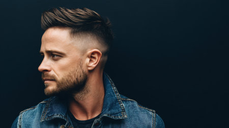 A fashionable young man with a well-groomed beard and modern hairstyle poses confidently in a denim jacket against a dark background.の素材
