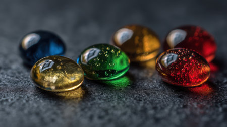 This macro photograph features colorful water droplets resting on a dark surface, showcasing vivid reflections and textures for artistic appeal.の素材